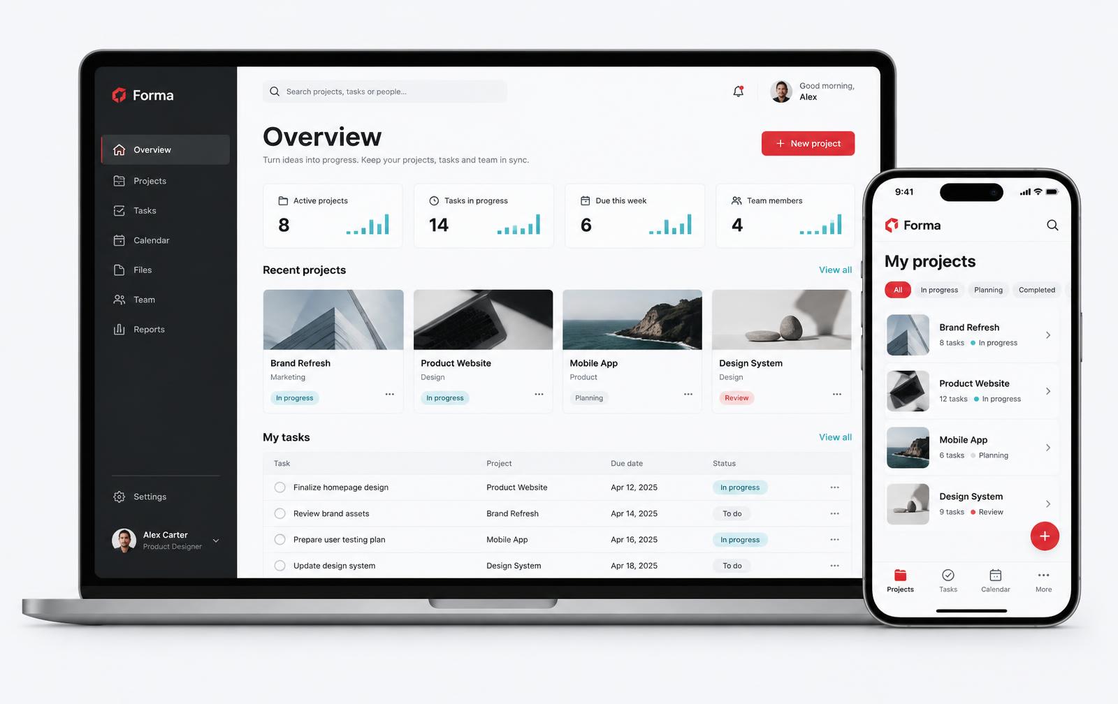 Concepto visual de una plataforma de proyectos con interfaces web y móvil en tonos claros, rojo y cian